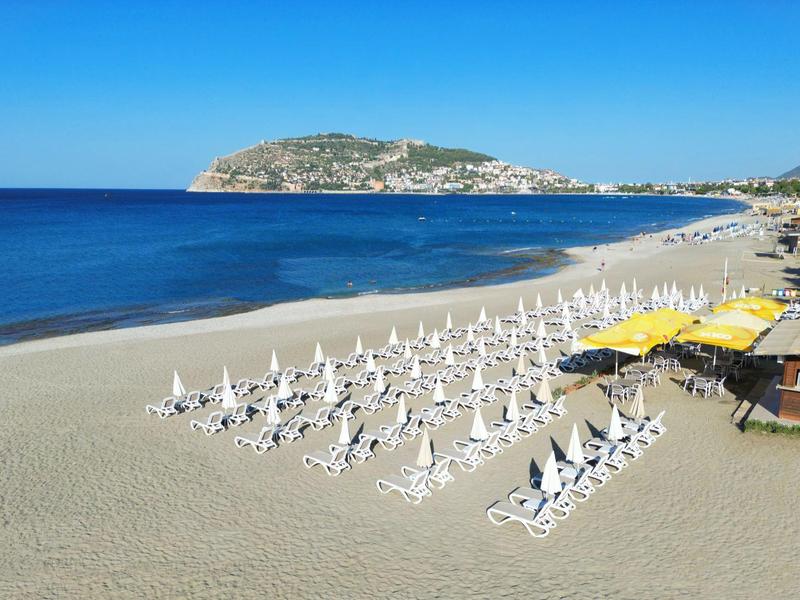 Zandstrand met rijen ligbedden en parasols naast rustige blauwe zee.