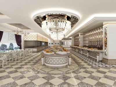 Großer, luxuriöser Speisesaal mit Marmorfußboden, opulantem Kronleuchter und eleganter Buffetinsel.