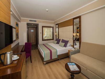 Modern eingerichtetes Hotelzimmer mit Doppelbett, Fernseher und gemütlicher Sitzecke.