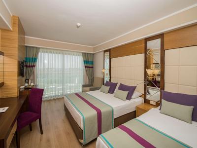 Camera d'hotel luminosa con due letti singoli, scrivania e grande finestra con tende.