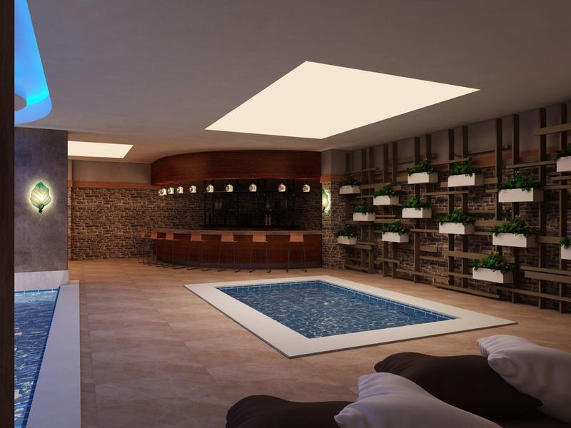 Moderner Innenpool mit quadratischem Becken, Holz- und Steinwänden, Pflanzenregal und Lounge-Bereich.