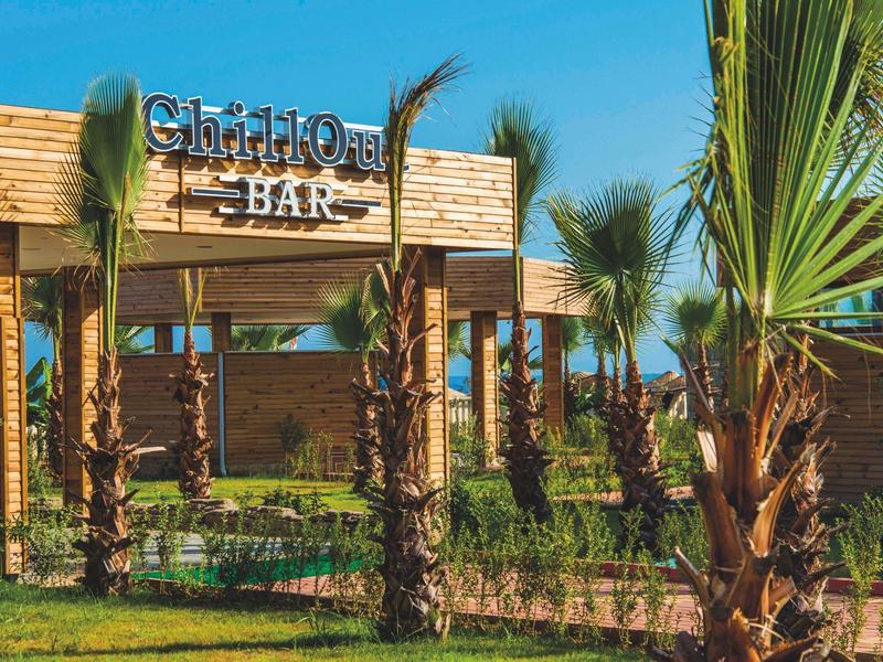 Außenansicht einer Bar mit Holzfassade, umgeben von Palmen und grünem Gras bei sonnigem Wetter.