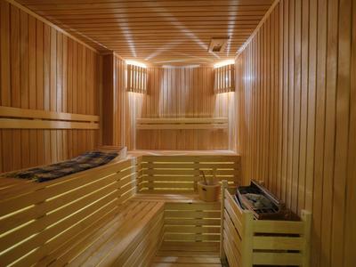 Holzsauna mit gestaffelten Sitzbänken, Beleuchtung und Saunaofen auf rechter Seite.