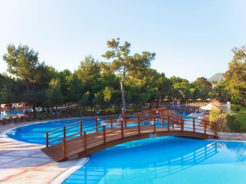 Outdoor swimming pool with a wooden bridge surrounded by trees under clear sky.