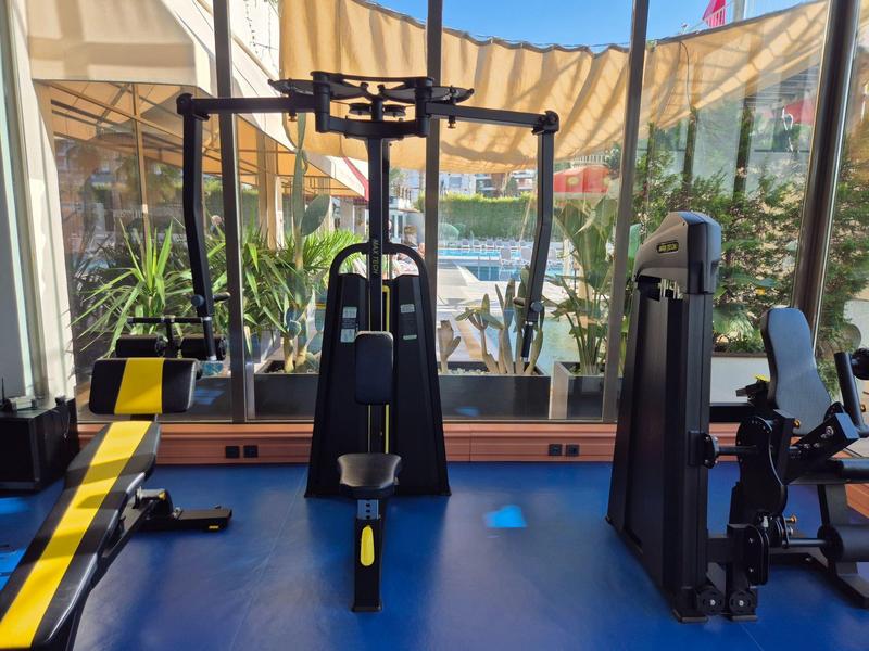 Jasna siłownia z urządzeniem do ćwiczeń i widokiem na zewnątrz.