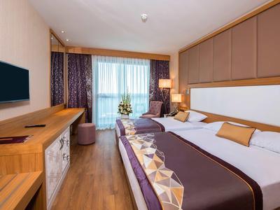 Camera d'hotel moderna con letto grande, scrivania, TV e finestra panoramica con vista esterna.