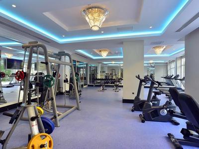 Moderner Fitnessraum mit Geräten, Spiegelwänden, blauer Deckenbeleuchtung und grauem Teppich.