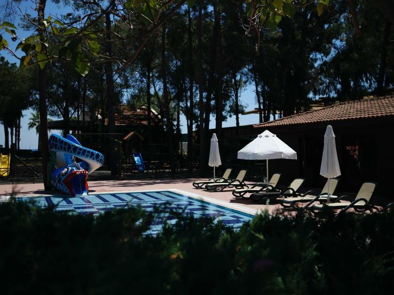 Outdoor pool with lounge chairs, umbrellas, and water feature in a wooded hotel area.