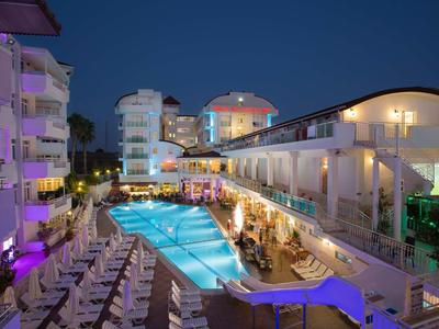 Beleuchteter Hotelpoolbereich mit Liegestühlen, mehrstöckigen Gebäuden und blauem Nachthimmel.
