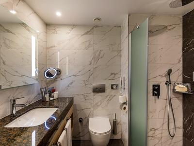 Elegant badkamer met marmeren muren, wastafel, toilet en inloopdouche in een hotel.