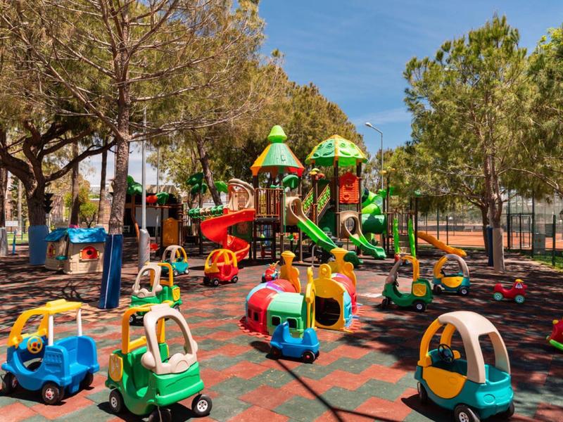 Kleurrijke speeltuin met kleine speelauto's en klimrek onder bomen bij een blauwe lucht.