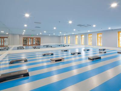 Großer, heller Fitnessraum mit blauen und weißen Streifenboden und schwarzen Steppern.