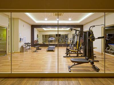 Palestra moderna con pavimento in legno e varie attrezzature da allenamento dietro parete di vetro.