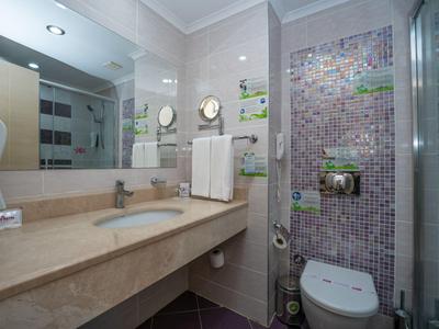 Baño compacto de hotel con ducha, inodoro, lavabo y espejo grande.