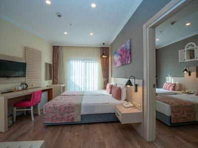 Habitación de hotel moderna con cama doble, escritorio, TV y espejo grande.