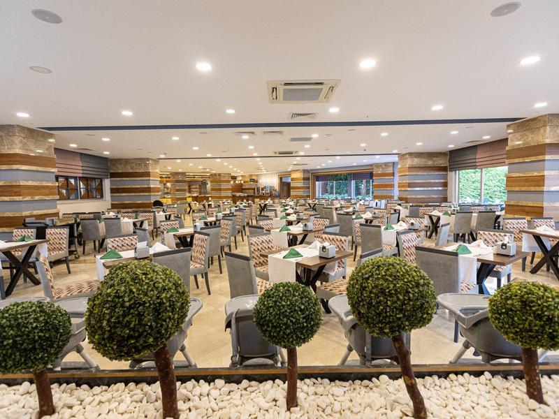 Duża, nowoczesna sala jadalna w hotelu z wieloma stołami i dekoracyjnymi roślinami.
