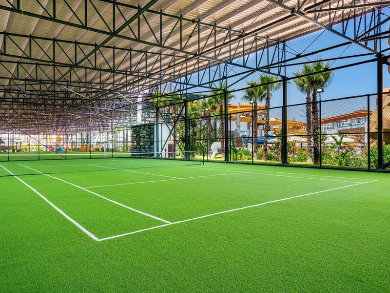 Zadaszony kort tenisowy z widokiem na palmy i zewnętrzne struktury.
