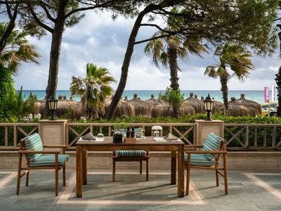 Terrasse avec table et chaises, vue sur la mer, palmiers et ciel nuageux dans une zone hôtelière.