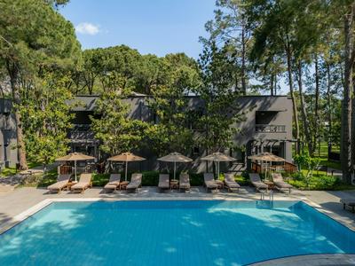 Piscina moderna dell'hotel con lettini e ombrelloni, circondata da alberi e un edificio sullo sfondo.