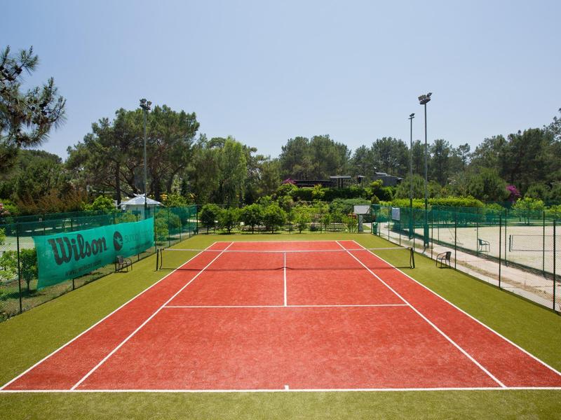 A red tennis court with clear lines and green fencing in a lush park setting.