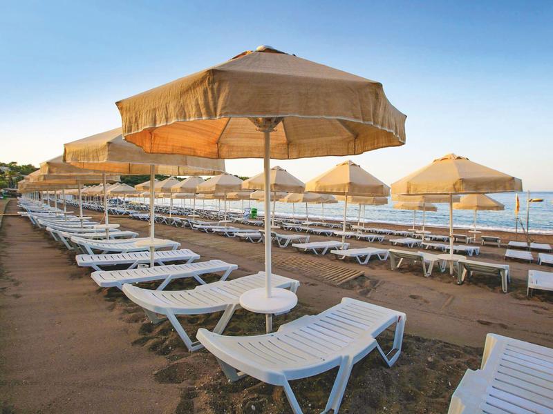 Rząd pustych leżaków z beżowymi parasolami na plaży pod czystym niebem.