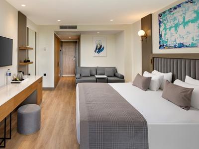 Camera d'hotel moderna con letto grande, divano e TV a schermo piatto.