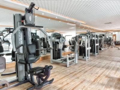 Moderner Fitnessraum mit verschiedenen Trainingsgeräten und Holzboden.