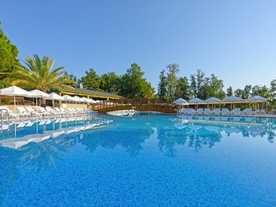 Large outdoor pool with lounge chairs and umbrellas under a blue sky.