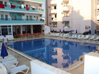 Hotel pool with lounge chairs and umbrellas next to a multi-story hotel building.