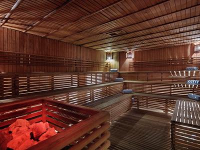 Traditional sauna with wooden benches and heated stones for relaxation.