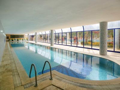 Long indoor swimming pool with large windows and ladder for entry.