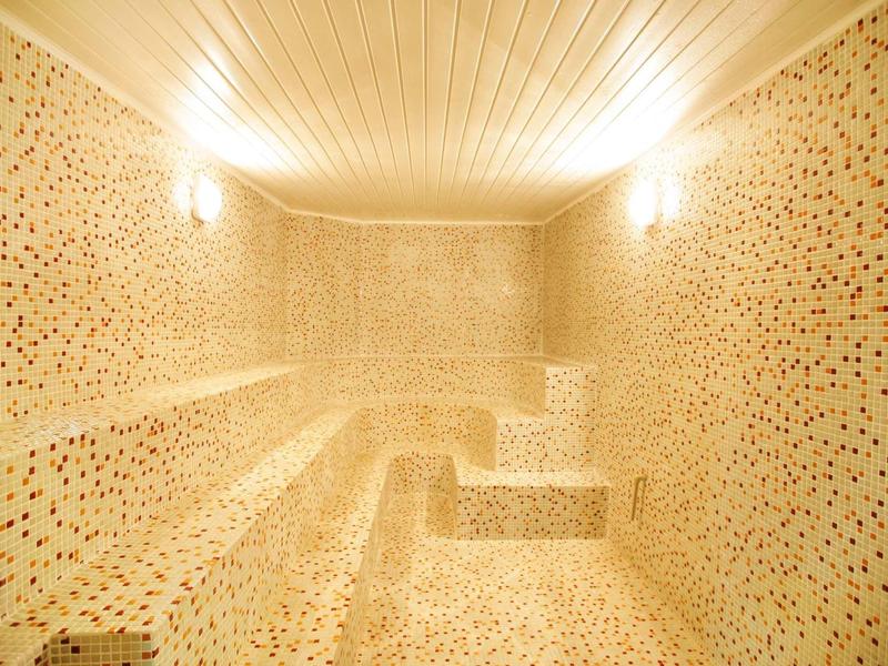 Sauna room with multi-level benches and light mosaic tile interior
