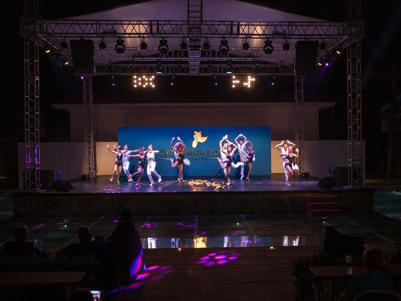 Tanzgruppe führt bei Dunkelheit auf großer Bühne mit beleuchtetem Hintergrund auf.