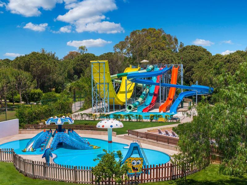 Wasserpark mit bunten Rutschen, Pool und grünem Garten bei blauem Himmel.