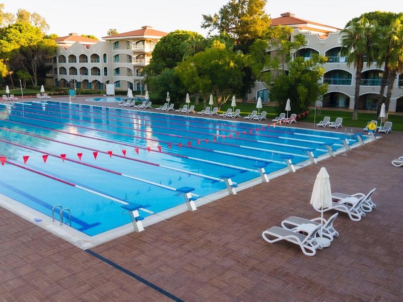 Großer Außenpool mit Bahnen und weißen Liegestühlen, umgeben von grünen Bäumen und Gebäuden.