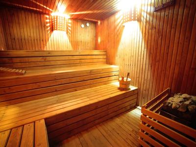 Interieur van een traditionele Finse sauna met houten banken en saunakachel.