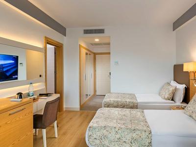 Modernes Hotelzimmer mit zwei Einzelbetten, Schreibtisch, Stuhl und hellem Holzboden.