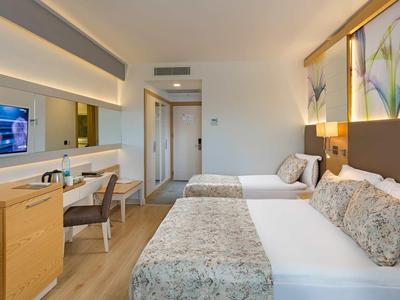 Modern eingerichtetes Hotelzimmer mit zwei Betten, Schreibtisch, Fernseher und hellem Holzboden.