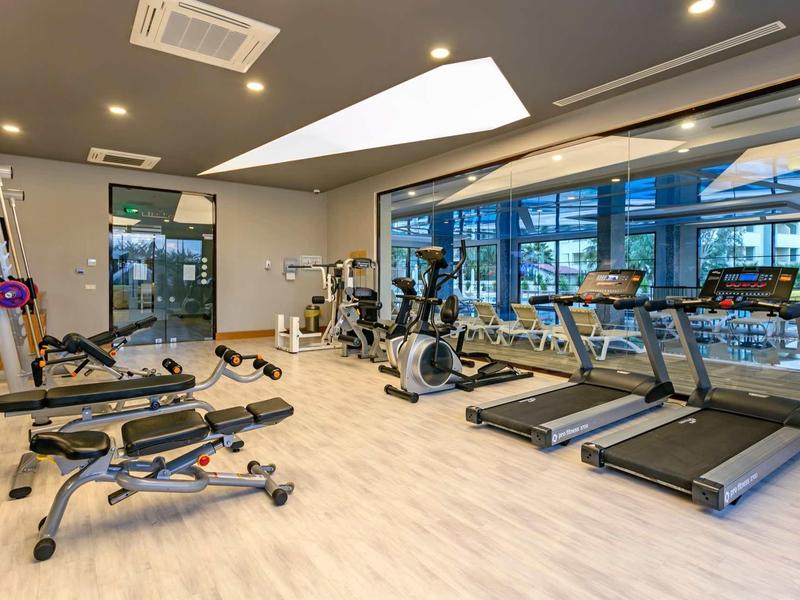 Modern gym with treadmills, bikes, and weights in front of large windows.