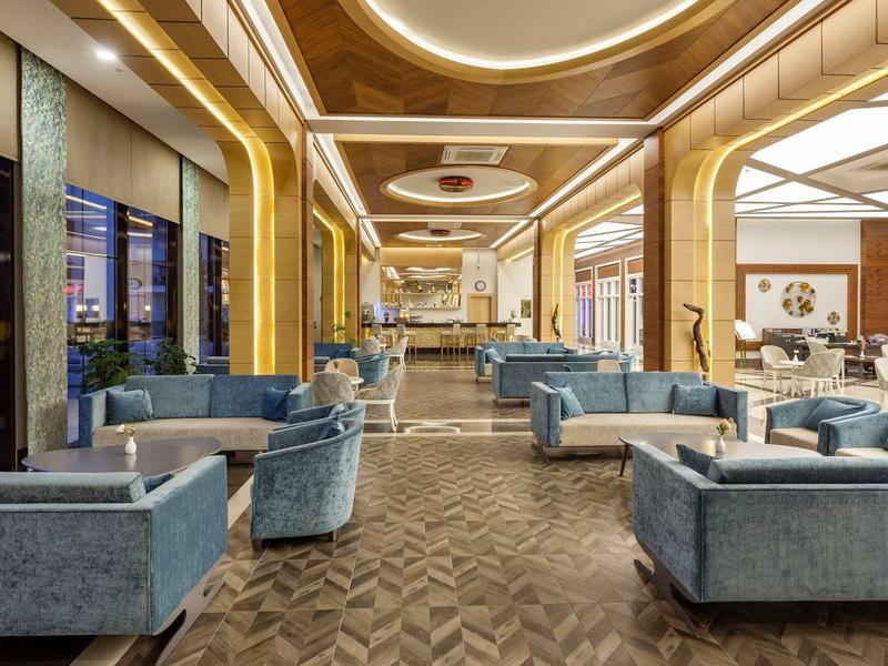 Elegant hotel lounge area with blue sofas, wooden ceiling, and large window view.