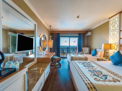 Camera d'albergo moderna con letto matrimoniale, TV e balcone con vista