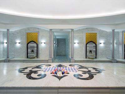 Velký kruhový spa pokoj s mozaikovým vzorem na podlaze a mramorovými lavicemi podél stěn.