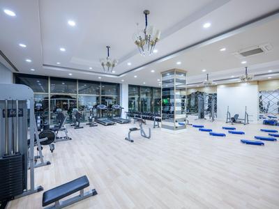 Gimnasio moderno y luminoso con equipos, espejos y esterillas de yoga azules sobre suelo de madera clara.