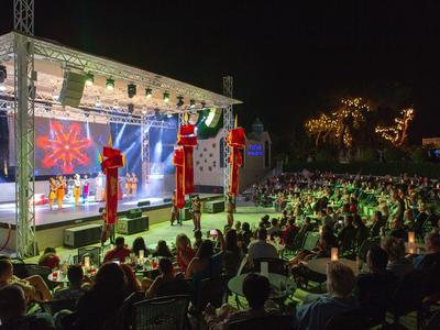 Palco illuminato con pubblico a concerto all'aperto notturno