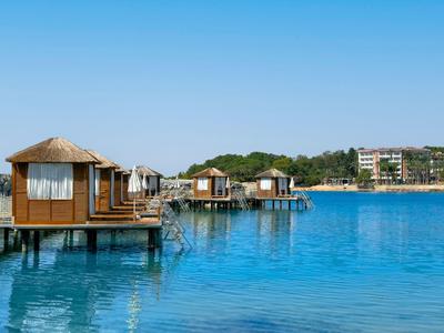 Überwasserbungalows mit Strohdächern über klarem, blauem Wasser und grüner Küste im Hintergrund.