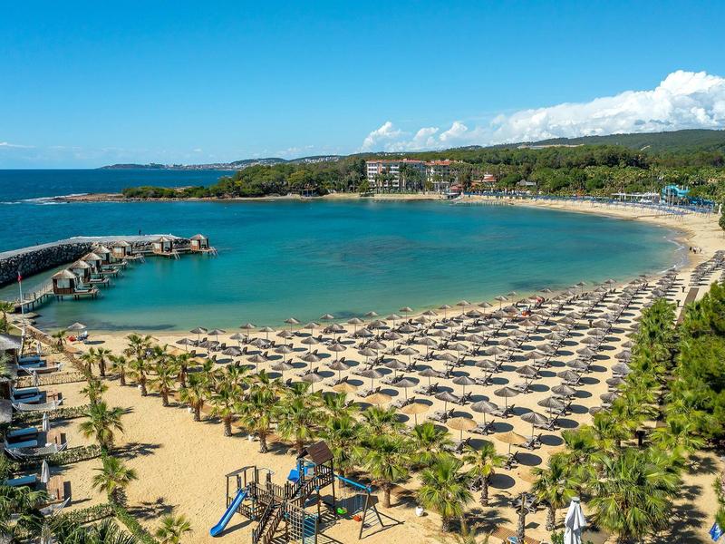 Plage avec chaises longues et parasols le long d'une côte incurvée sous un ciel clair