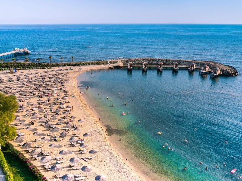 Plage bordée de parasols avec une digue courbée avançant dans la mer bleue.