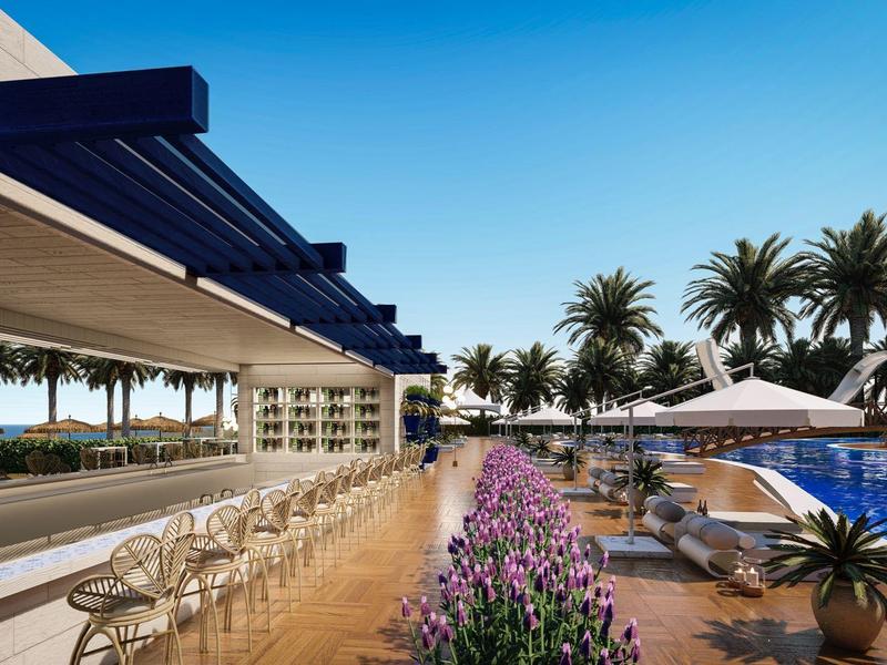 Piscine d'hôtel avec chaises, parasols, fleurs, et palmiers sous un ciel bleu.