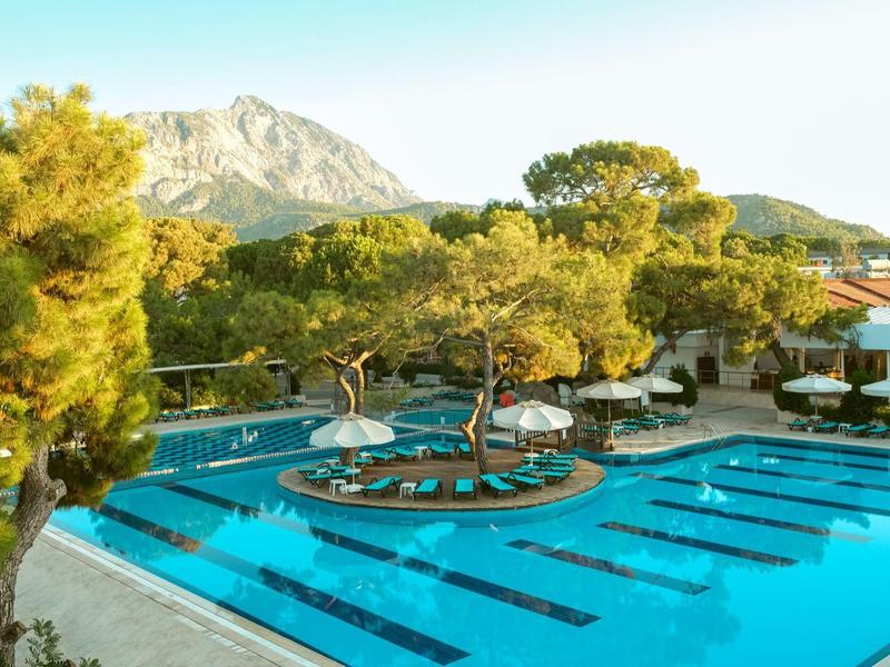 Gran piscina con carriles para nadar, rodeada de árboles y montañas al fondo.
