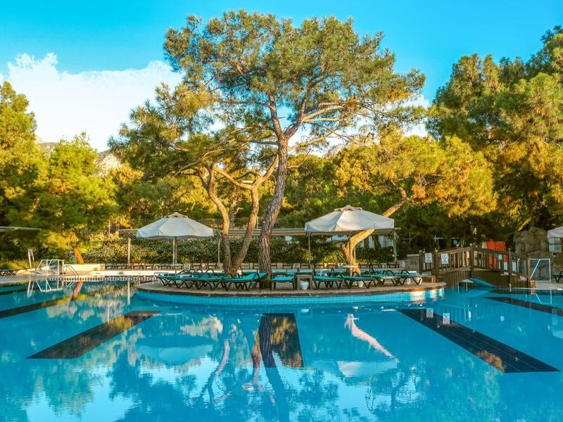 Piscina amplia con agua azul rodeada de sombrillas y árboles verdes bajo un cielo despejado